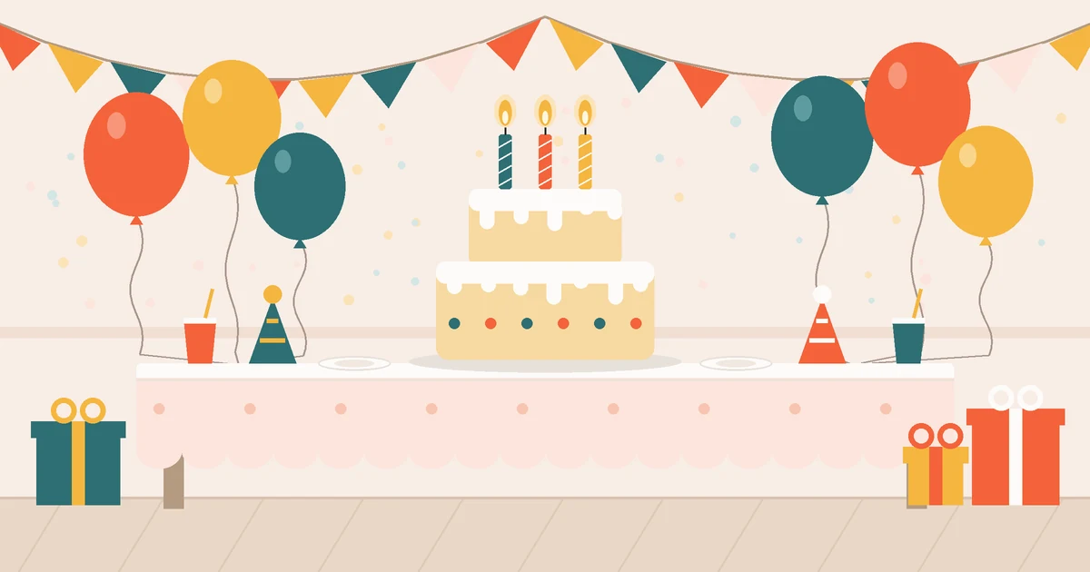 Illustration of a children's birthday party table with a two-tier cake and three lit candles, surrounded by balloons, bunting and wrapped gifts.