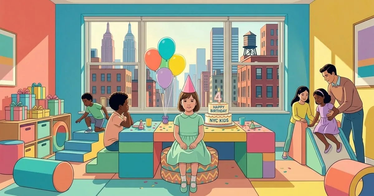 An illustrated New York playroom set for a birthday: a girl in a party hat sits at a table of soft-play blocks with a cake and balloons while other children climb and slide, the city skyline through the window.