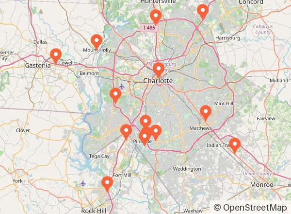 Map of 14 venues near Charlotte