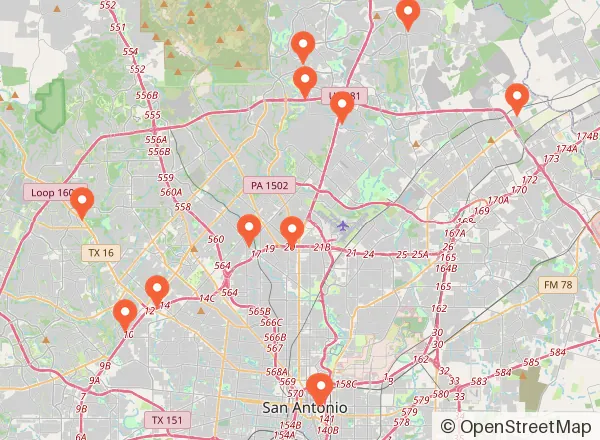 Map of 12 venues near San Antonio