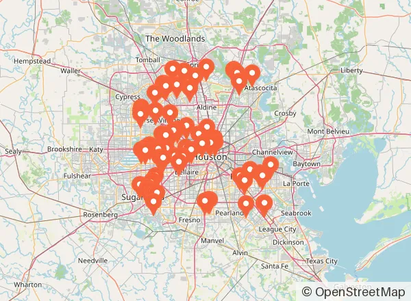 Map of 76 party venues near Houston