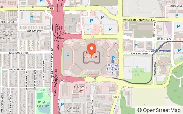 Map showing Nickelodeon Universe in Bloomington, MN