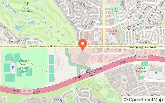 Map showing South Suburban Sports Complex in Highlands Ranch, CO