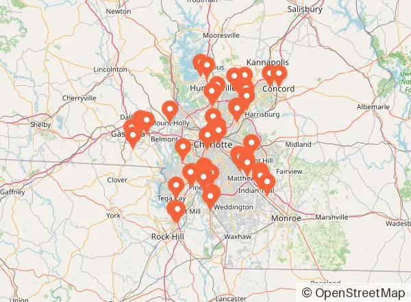 Map of 55 party venues near Charlotte