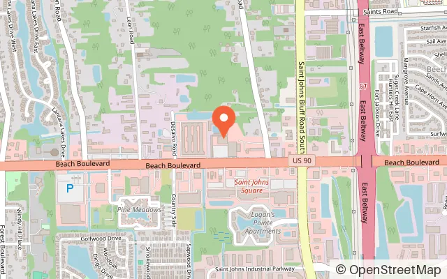 Map showing Bowlero Southside in Jacksonville, FL