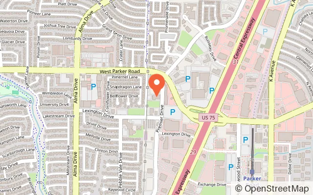 Map showing Thunderbird Roller Rink in Plano, TX