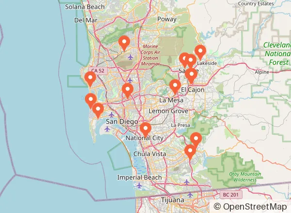 Map of 15 venues near San Diego
